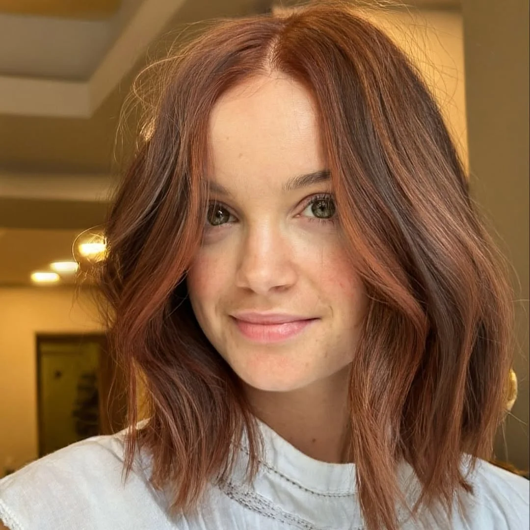 modern summer auburn hair color 2026 Soft Cinnamon Lob With Dimensional Brunette Warmth