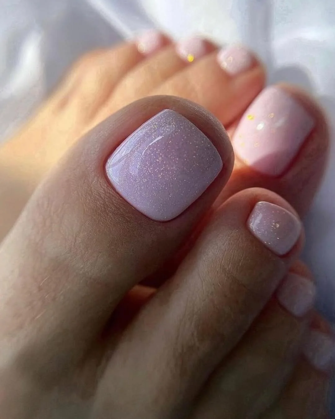 pedicure ideas - summer trends 2026 Soft Pink Shimmer Pedicure For Clean Girl Summer