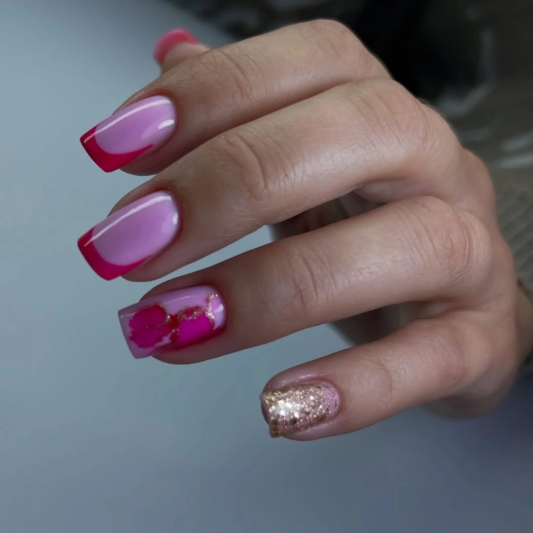 pink summer nails 2026 Pink French Fade with Glitter and Floral Details