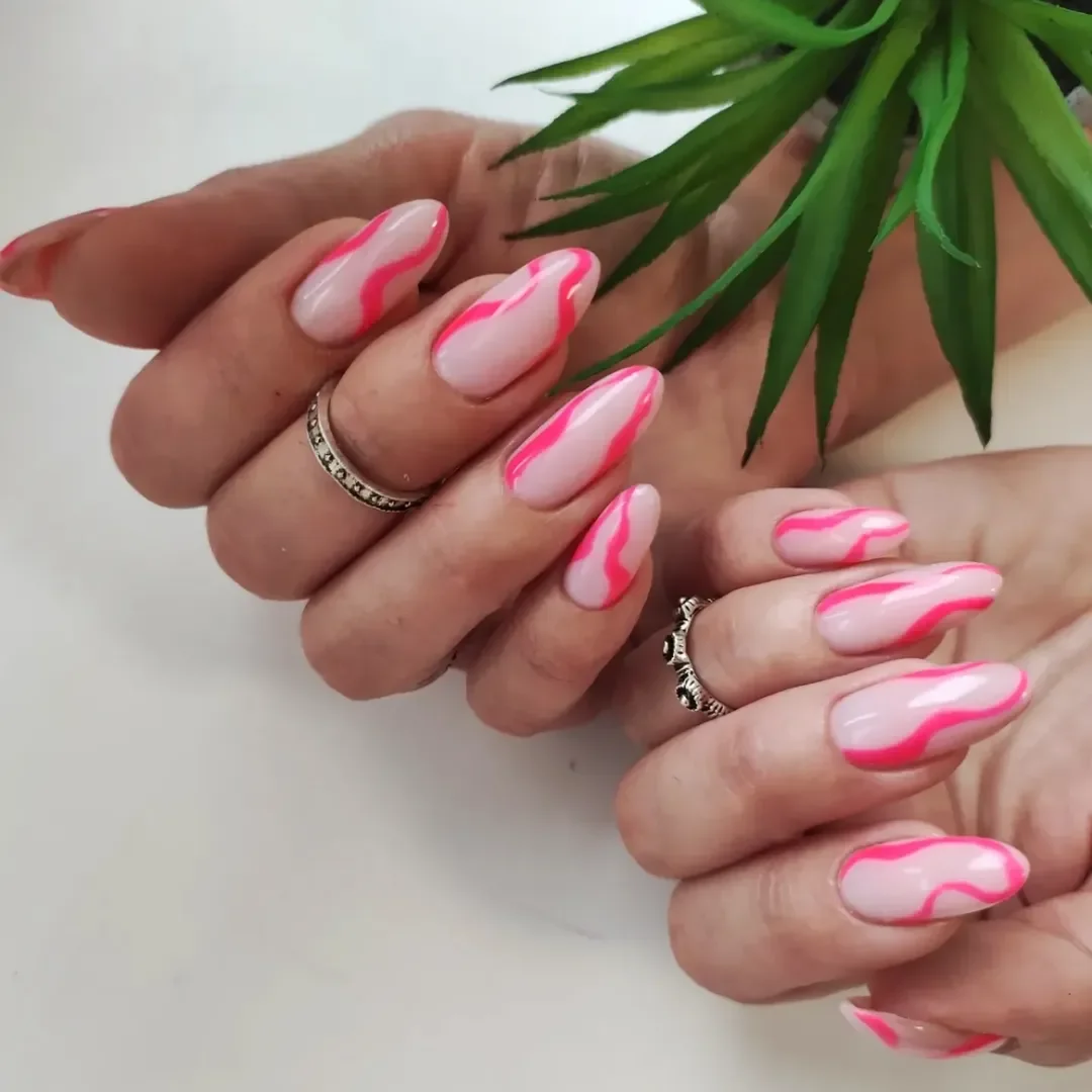 pink summer nails 2026 Neon Pink Waves on a Milky Base