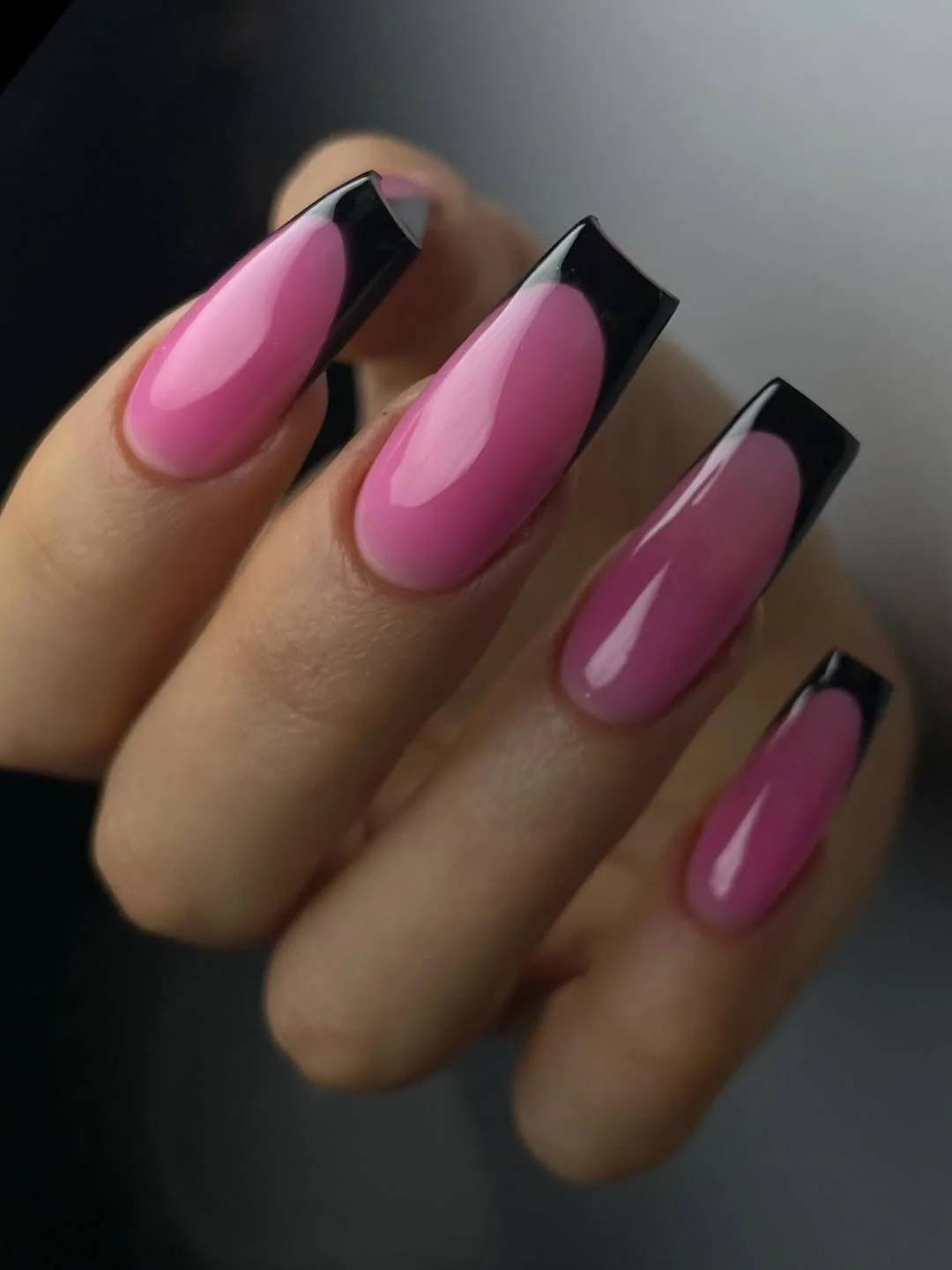 pink summer nails 2026 Glossy Black French Tips with a Dark Pink Twist
