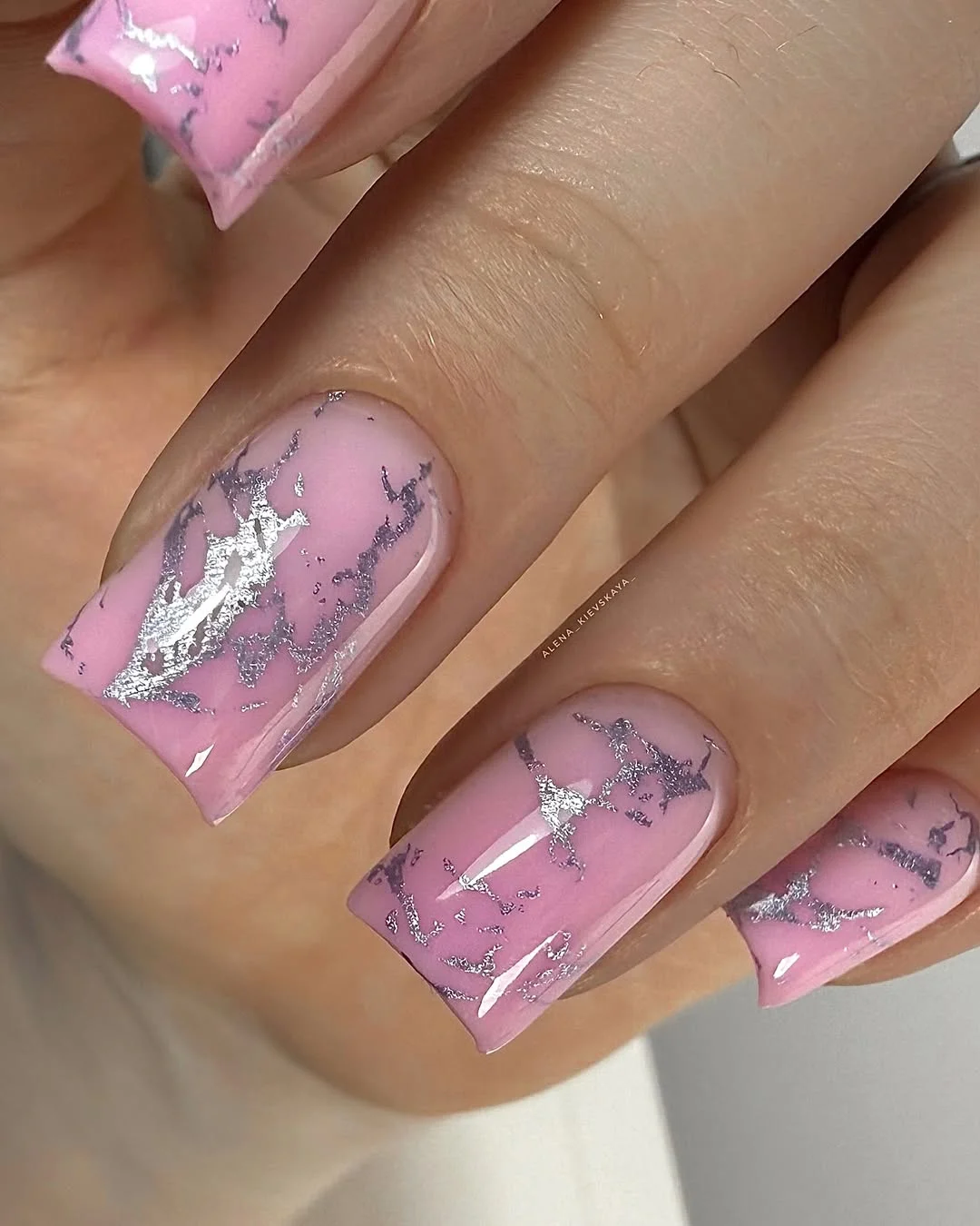 pink summer nails 2026 Pink Marble Nails with Silver Foil Details