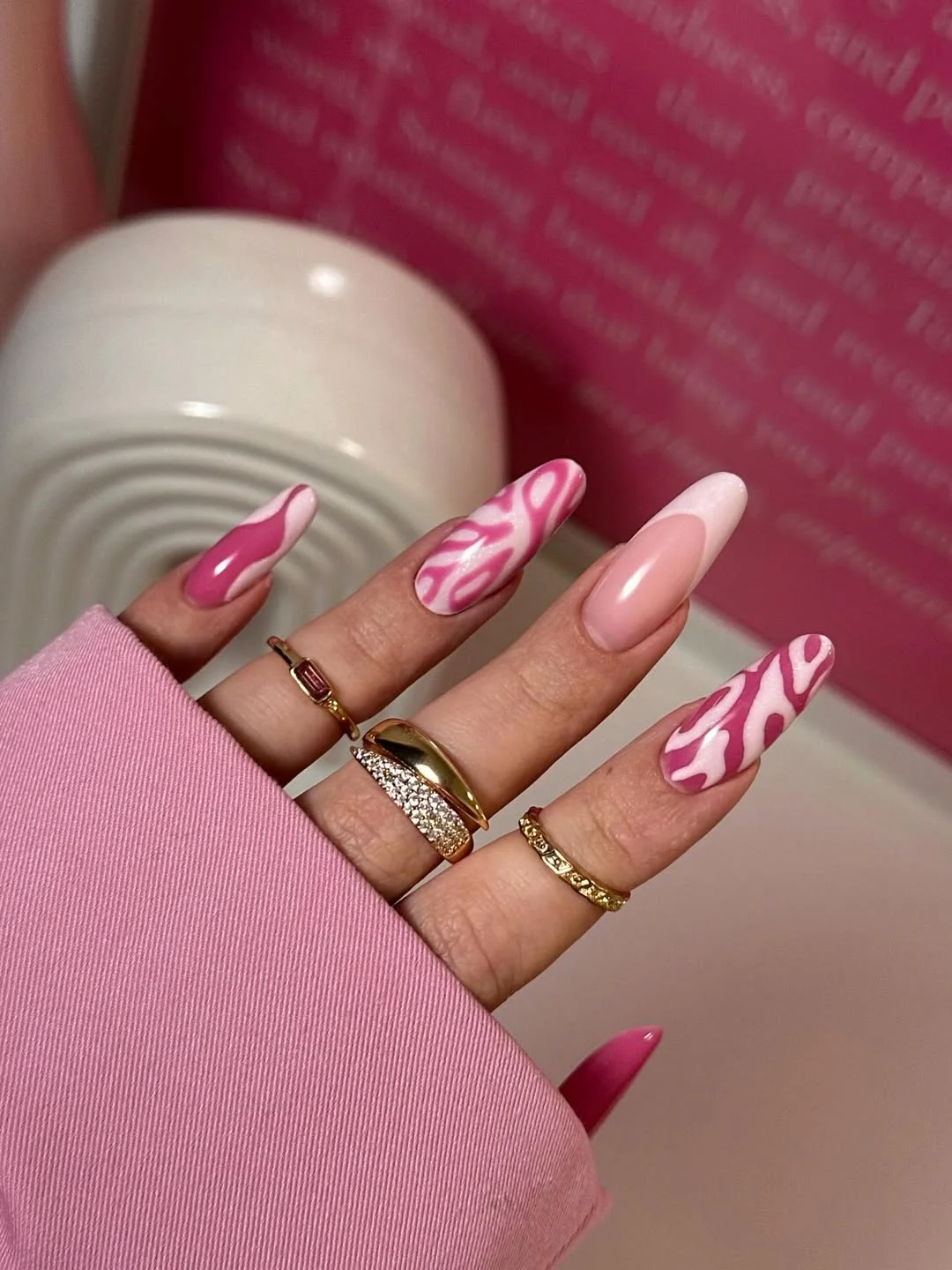 pink summer nails 2026 Swirly Barbiecore Nails with Glossy Pink Art