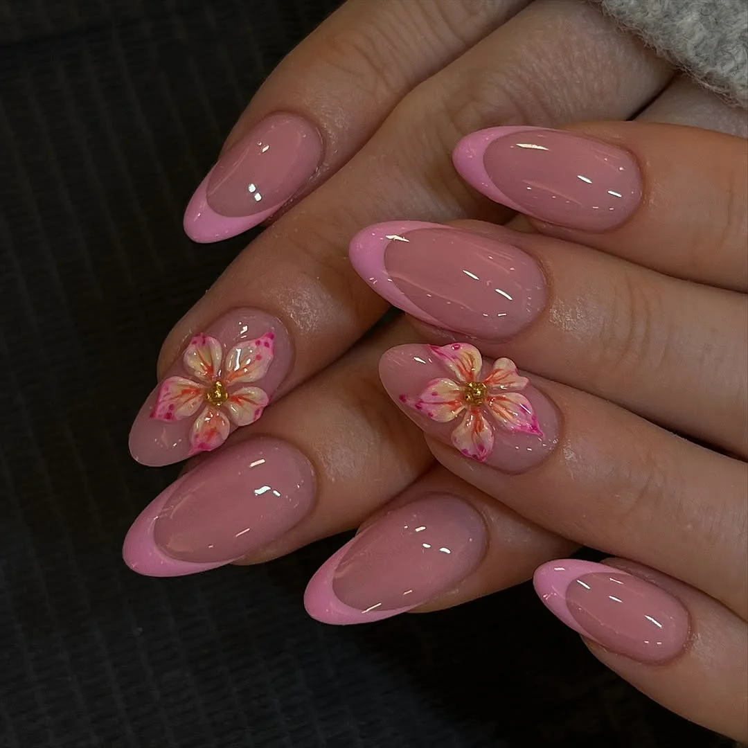 pink summer nails 2026 Romantic Floral Almond Nails with Soft Pink Gloss
