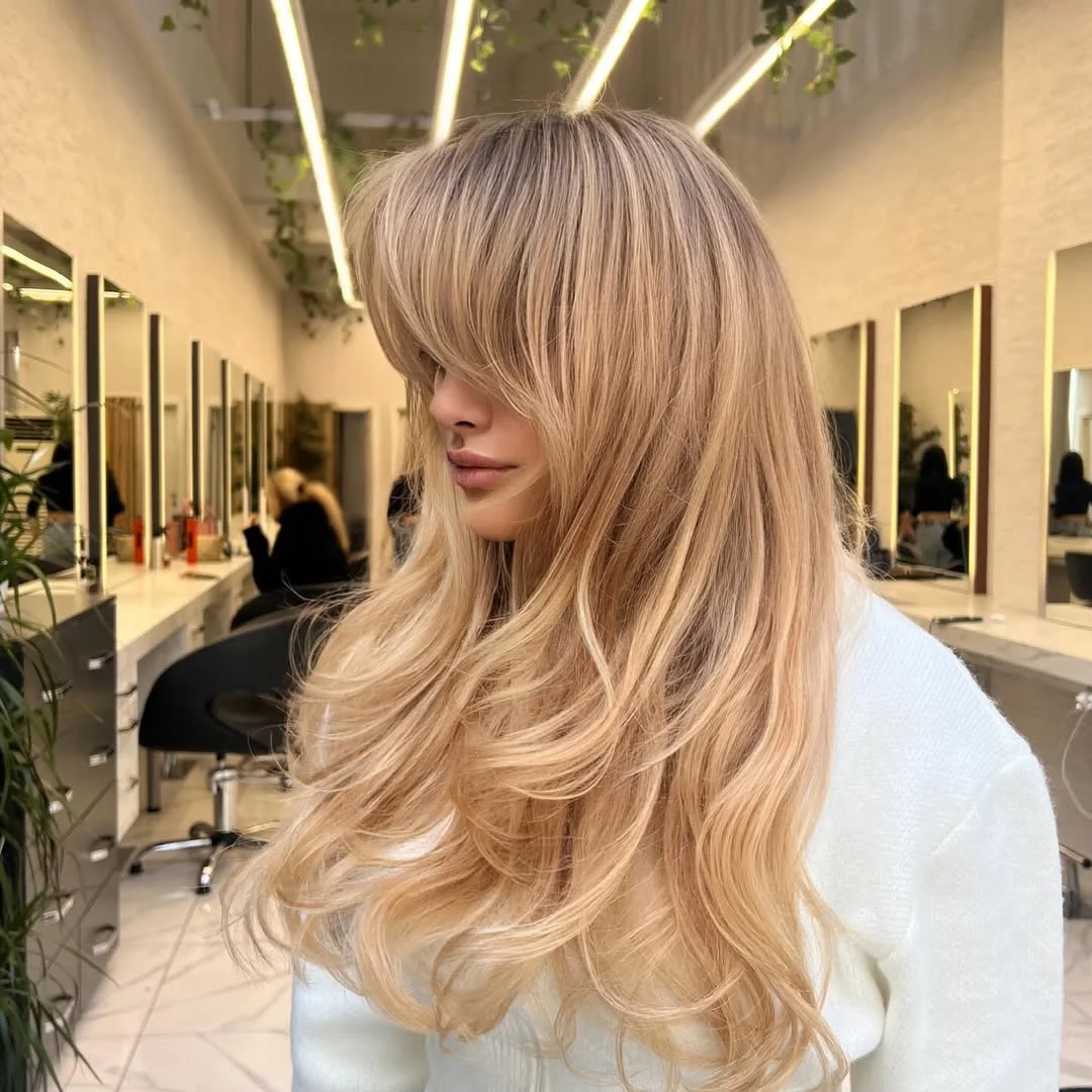 pretty summer honey blonde hair color 2026 Romantic Honey Blonde Layers With Curtain Fringe