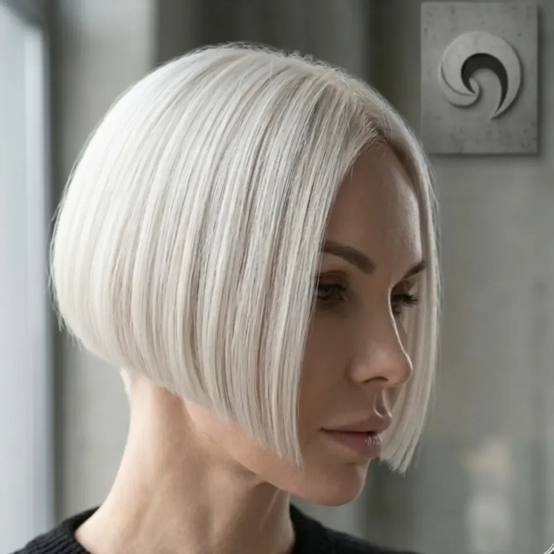 salon summer short hairstyles 2026 Sharp Ice Blonde Precision Bob