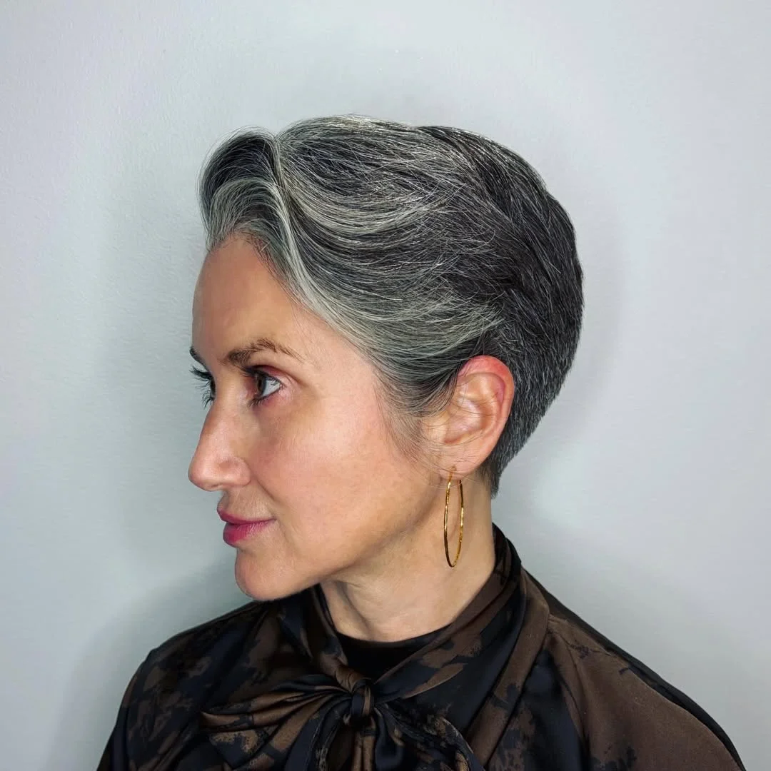salon summer short hairstyles 2026 Elegant Silver Pixie With Sculpted Sweep