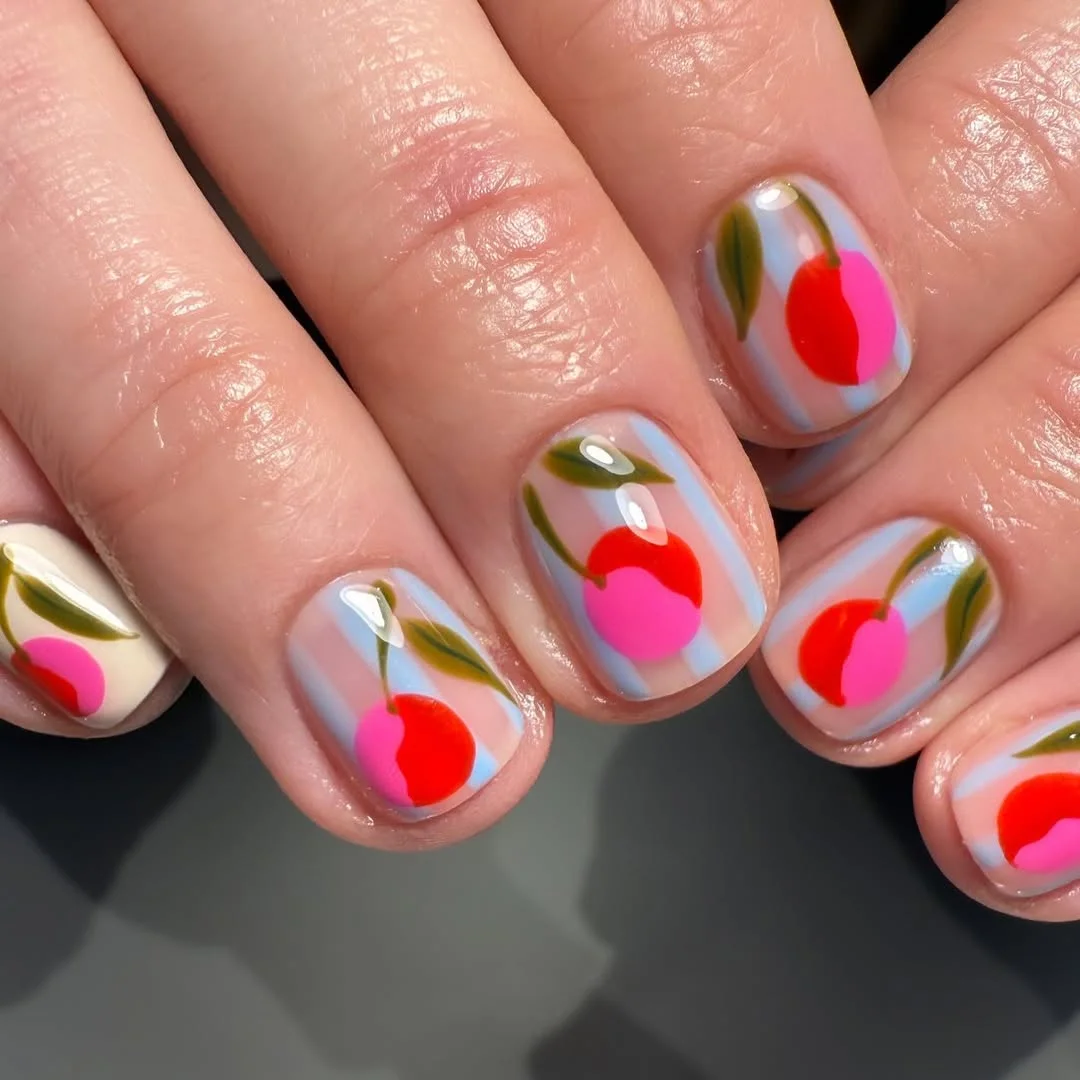 short gel nails summer 2026 Playful Cherry Art With Soft Blue Stripes