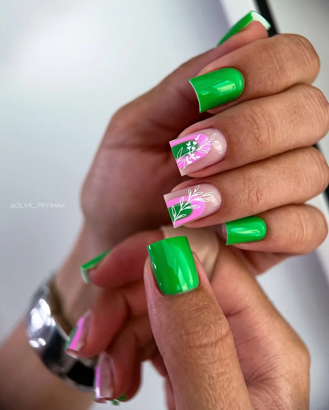 short gel nails summer 2026 Bright Green Color Block Nails With Graphic Floral Art