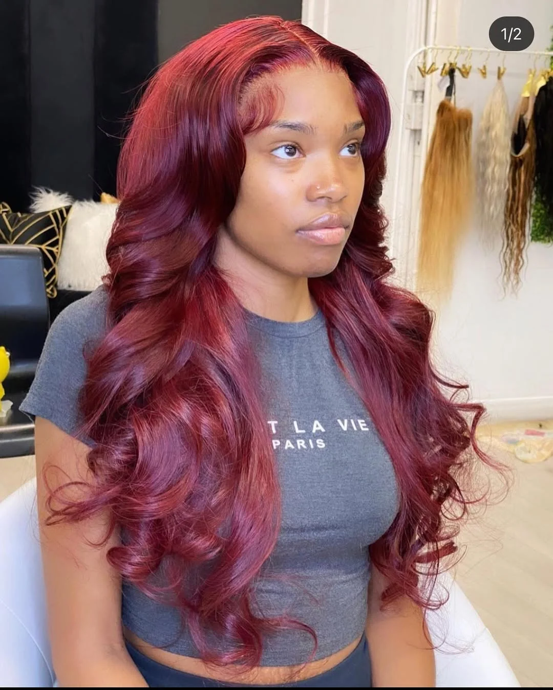 sleek summer hairstyle black women 2026 Deep Burgundy Glam Waves With Soft Volume