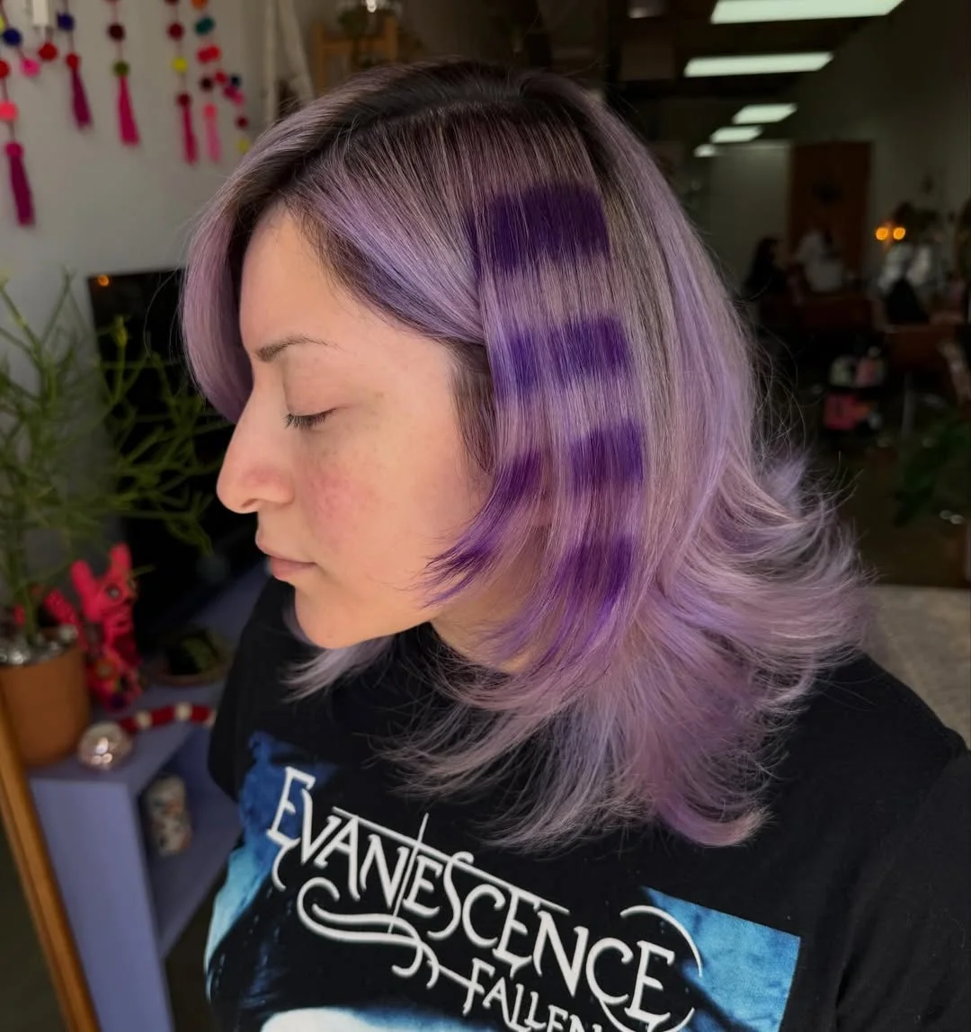 stunning summer hairstyles ideas 2026 Lavender Layered Shag with Graphic Color Panels