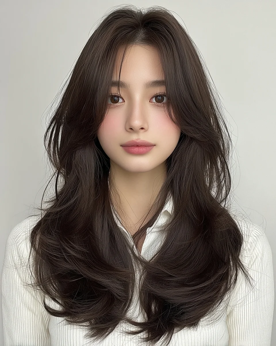 stylish summer haircut for round face 2026 Soft Espresso Waves With Korean-Inspired Layers