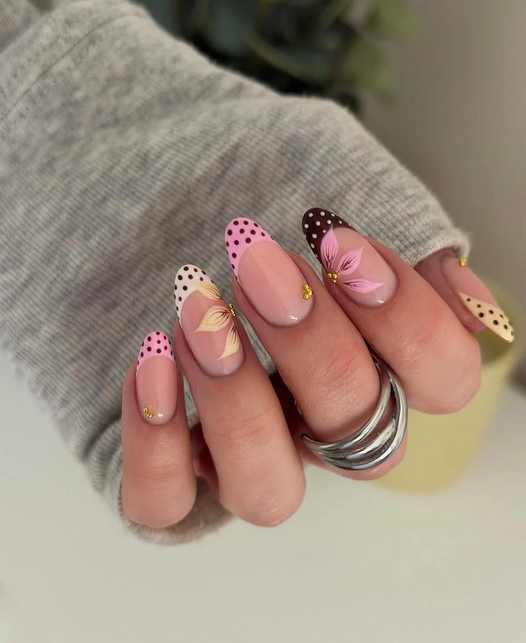 summer toe nails colors 2026 Retro Polka Dot Nails With Playful Pink Floral Accents