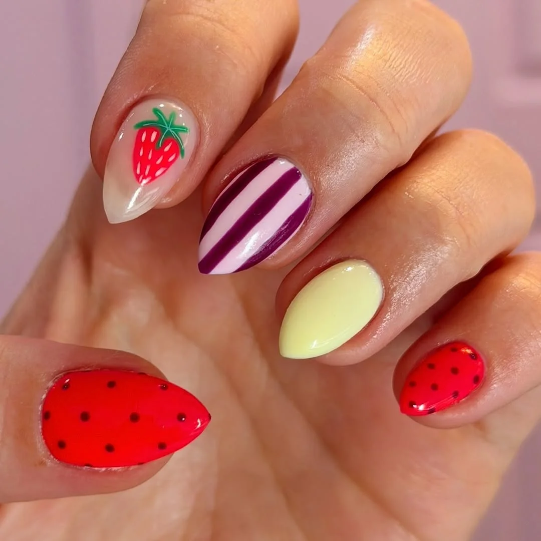 summer toe nails colors 2026 Playful Strawberry Nails With Retro Summer Candy Colors