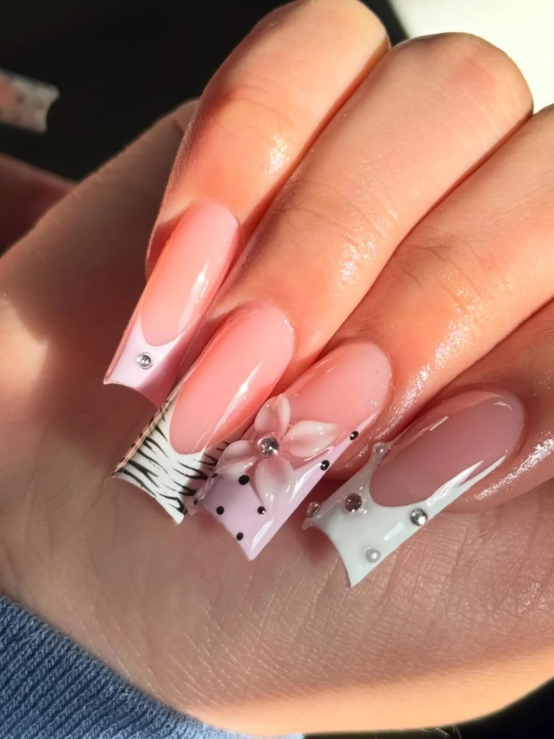 summer toe nails colors 2026 Soft Pink Floral French Nails With Crystal Details