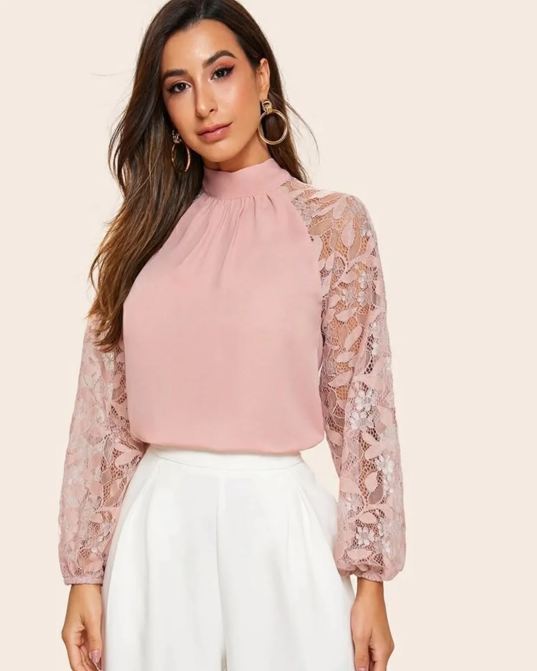 summer blouses for women 2026 Soft Blush Elegance with Lace Sleeves