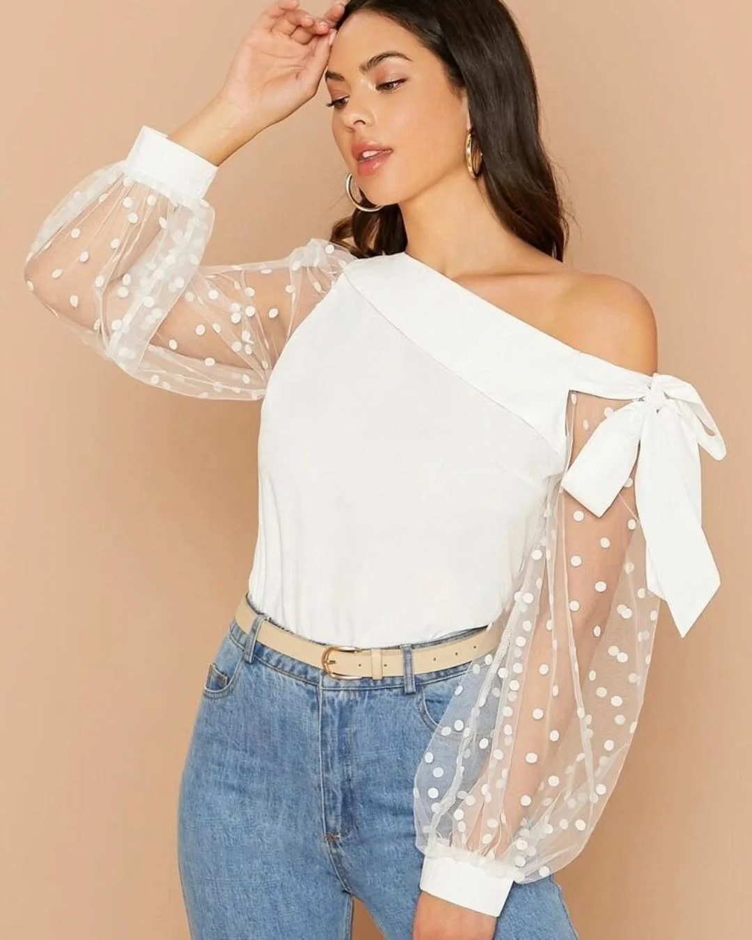 summer blouses for women 2026 Sheer Polka Dot Sleeves with Modern Asymmetry