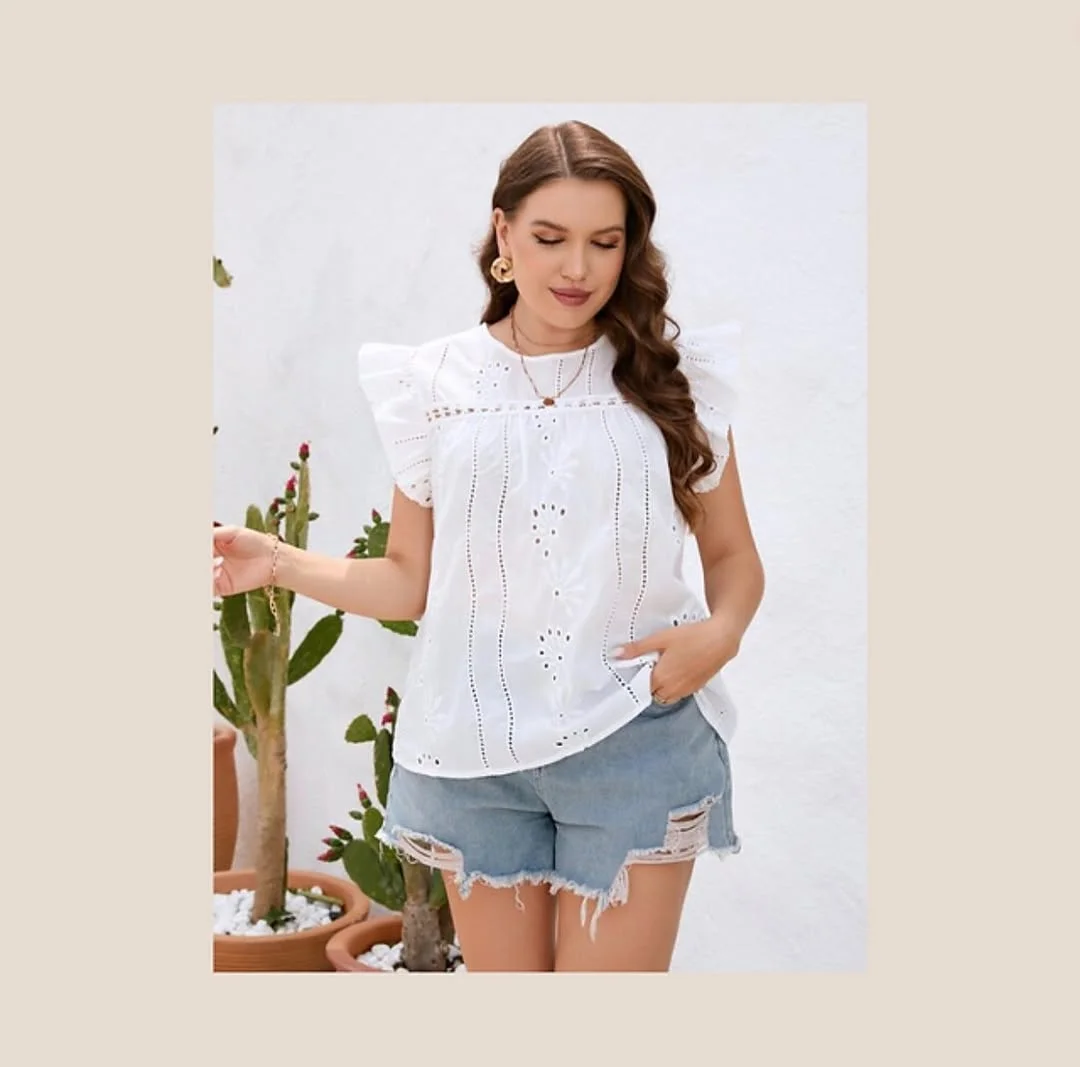 summer blouses for women 2026 Clean White Eyelet for Summer Lightness