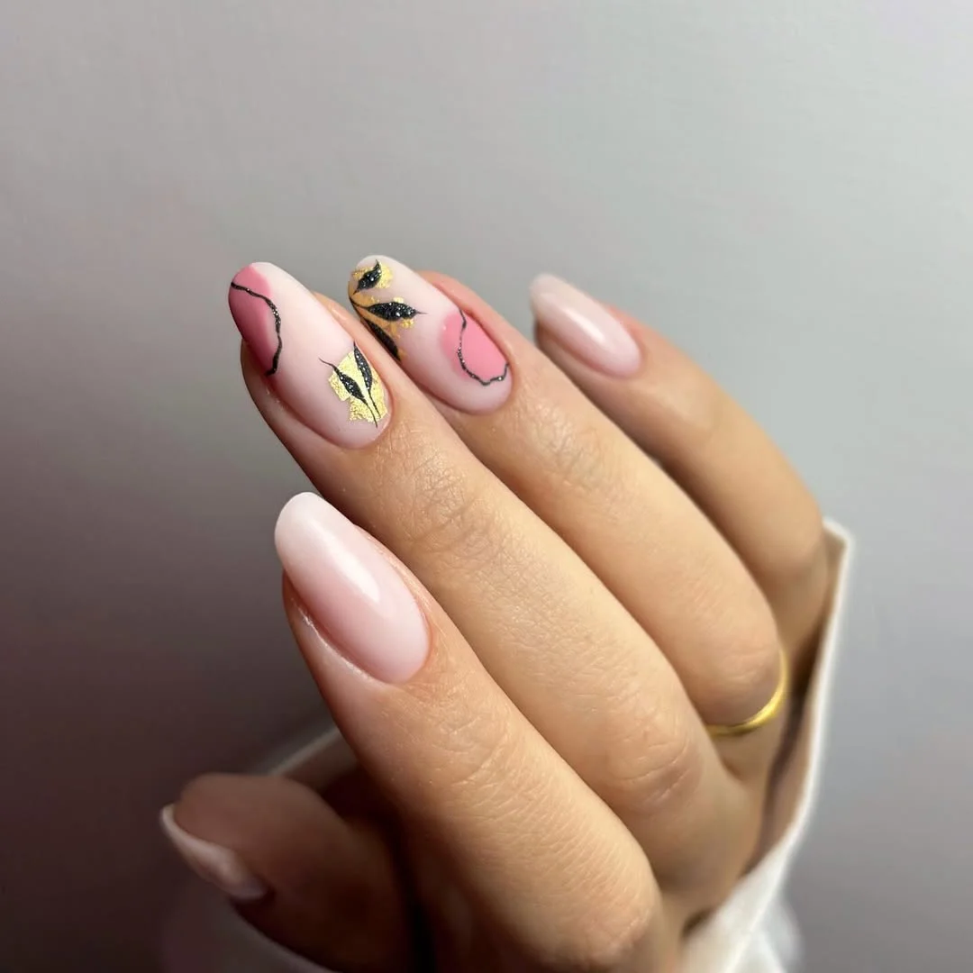 summer dip nails 2026 Abstract Pink And Gold Almond Nails