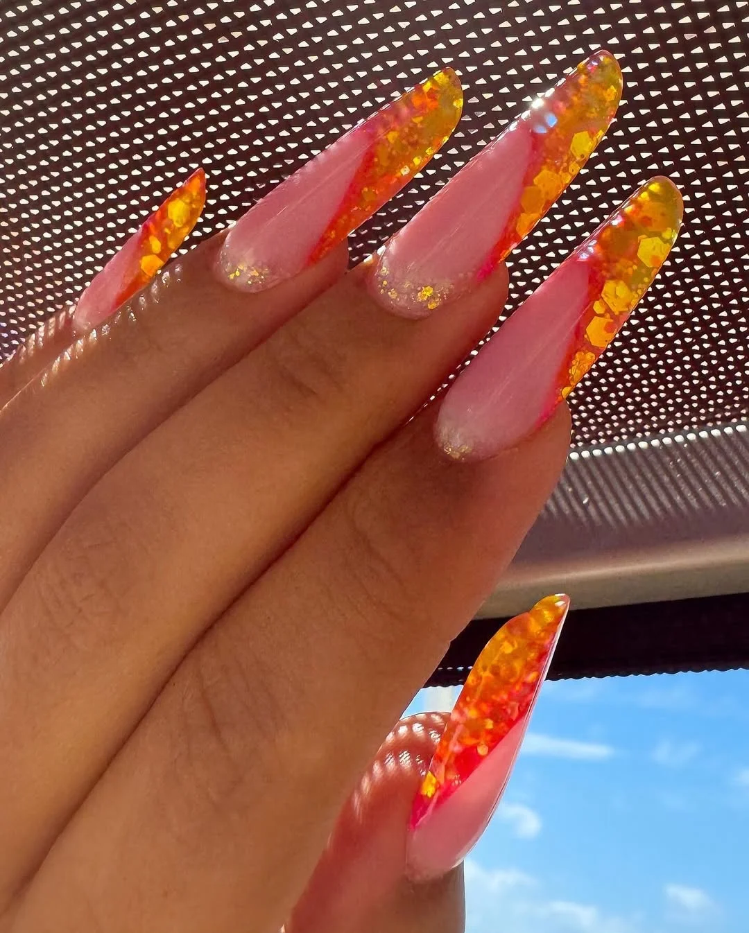 summer dip nails 2026 Sunset Glitter French Tips With Fiery Orange Sparkle