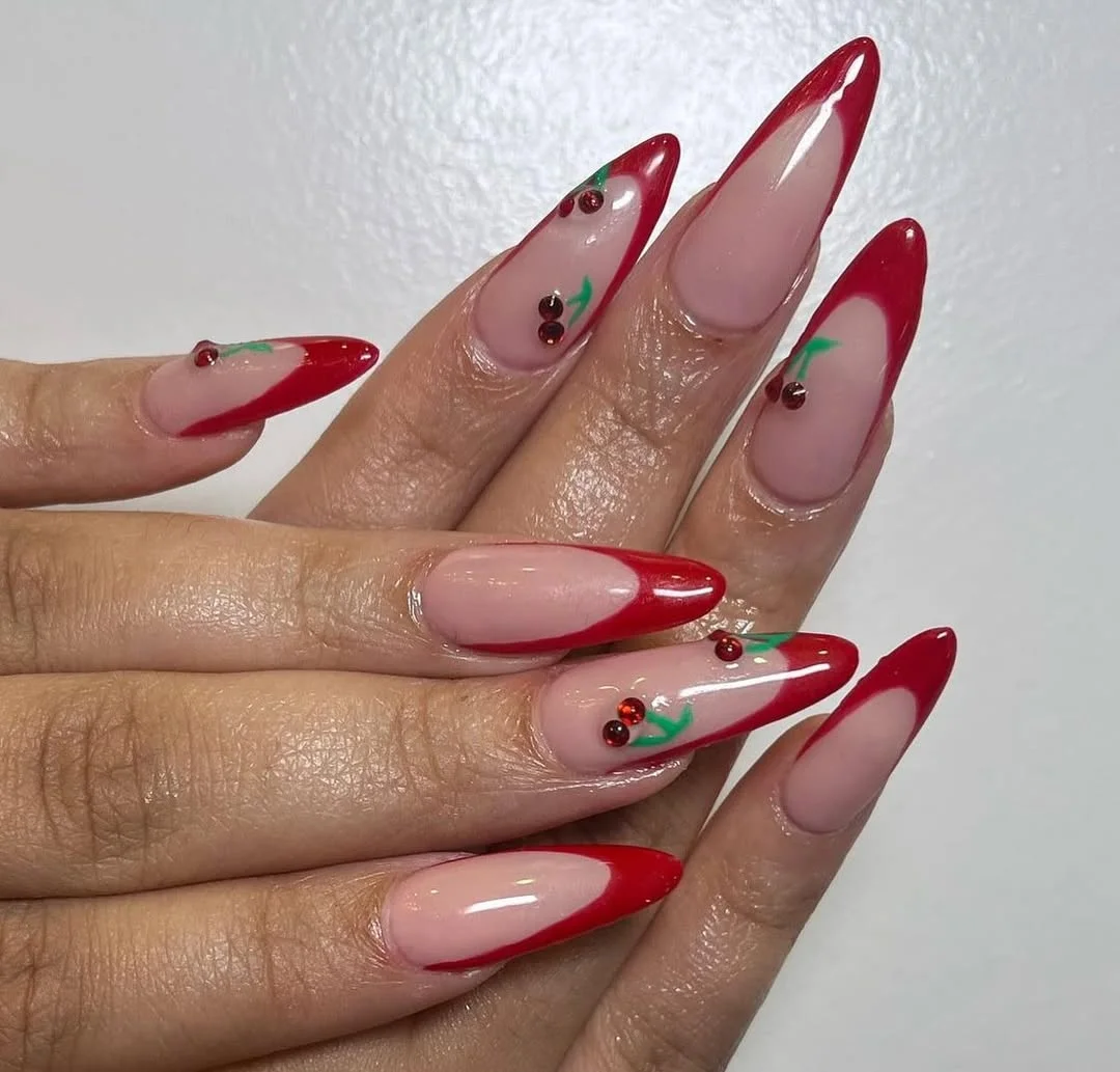 summer dip nails 2026 Cherry Red French Tips With Playful Fruit Details