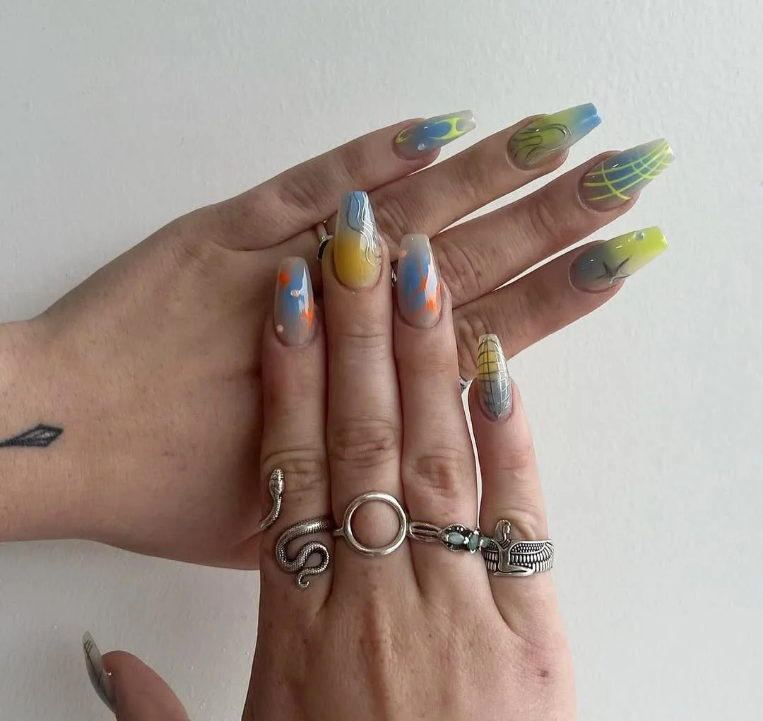 summer dip nails 2026 Retro Airbrush Nails With Graphic Y2K Energy