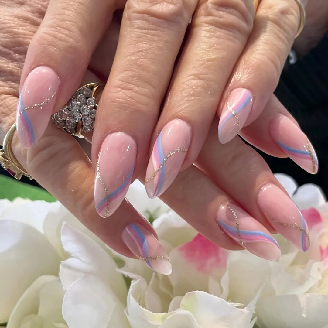 summer dip nails 2026 Soft Ribbon Swirls On Milky Pink Almond Nails