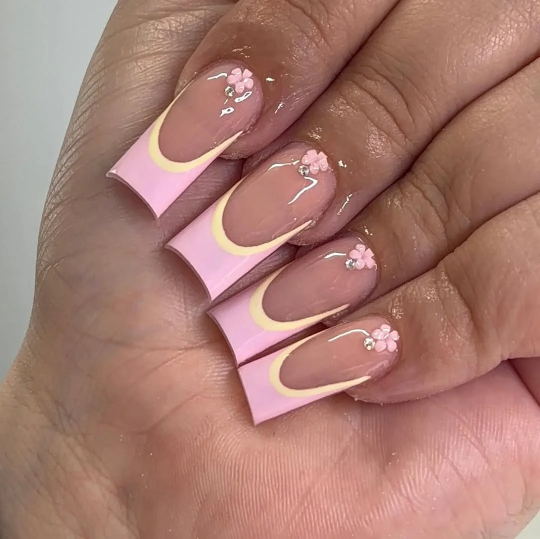 summer dip nails 2026 Baby Pink Square French Tips With Tiny Floral Accents