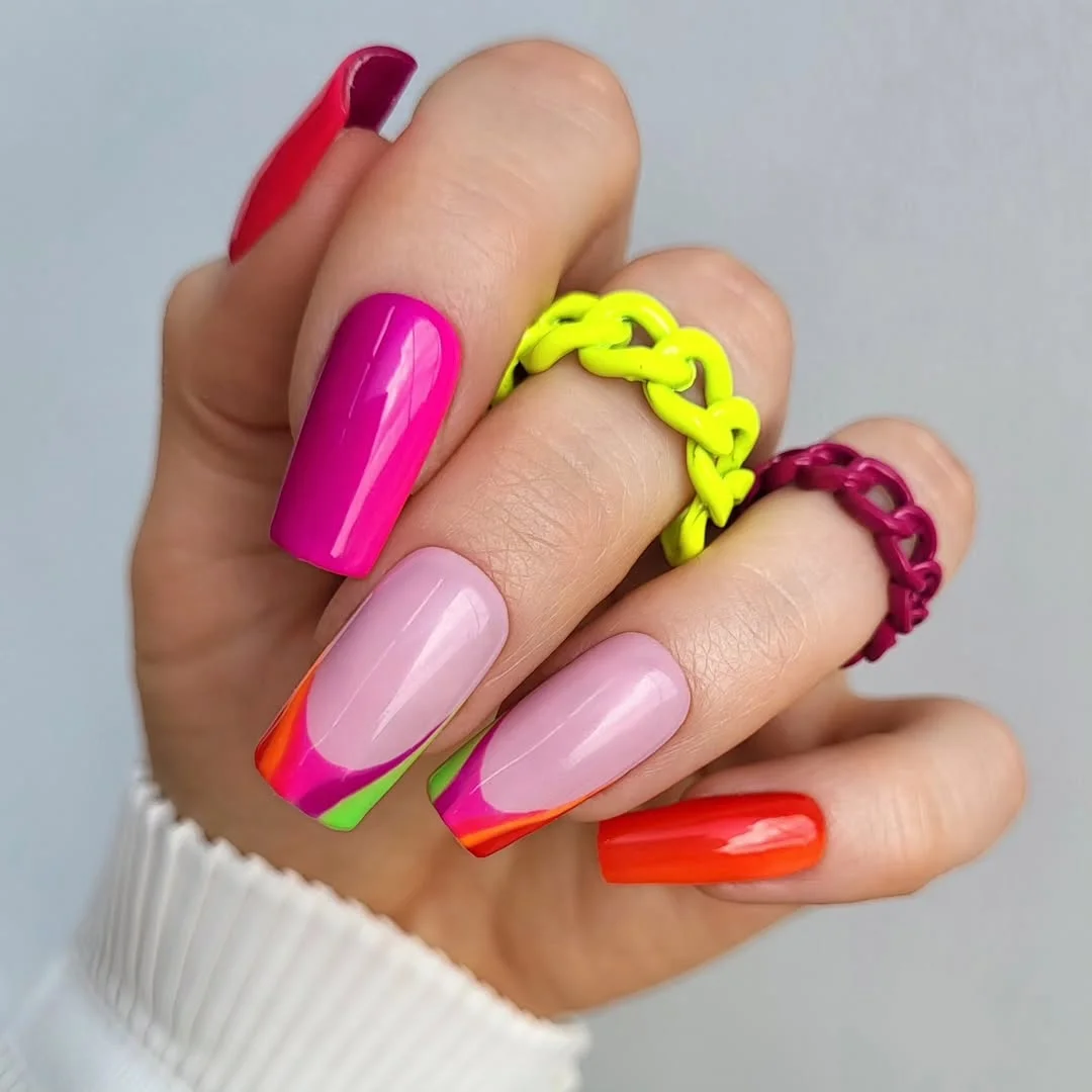summer dip nails 2026 Electric Pop Art French Tips In Neon Candy Shades