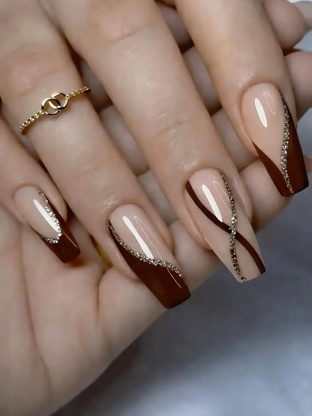 summer gel nails 2026 Chocolate Nude Coffin Nails With Glitter Waves