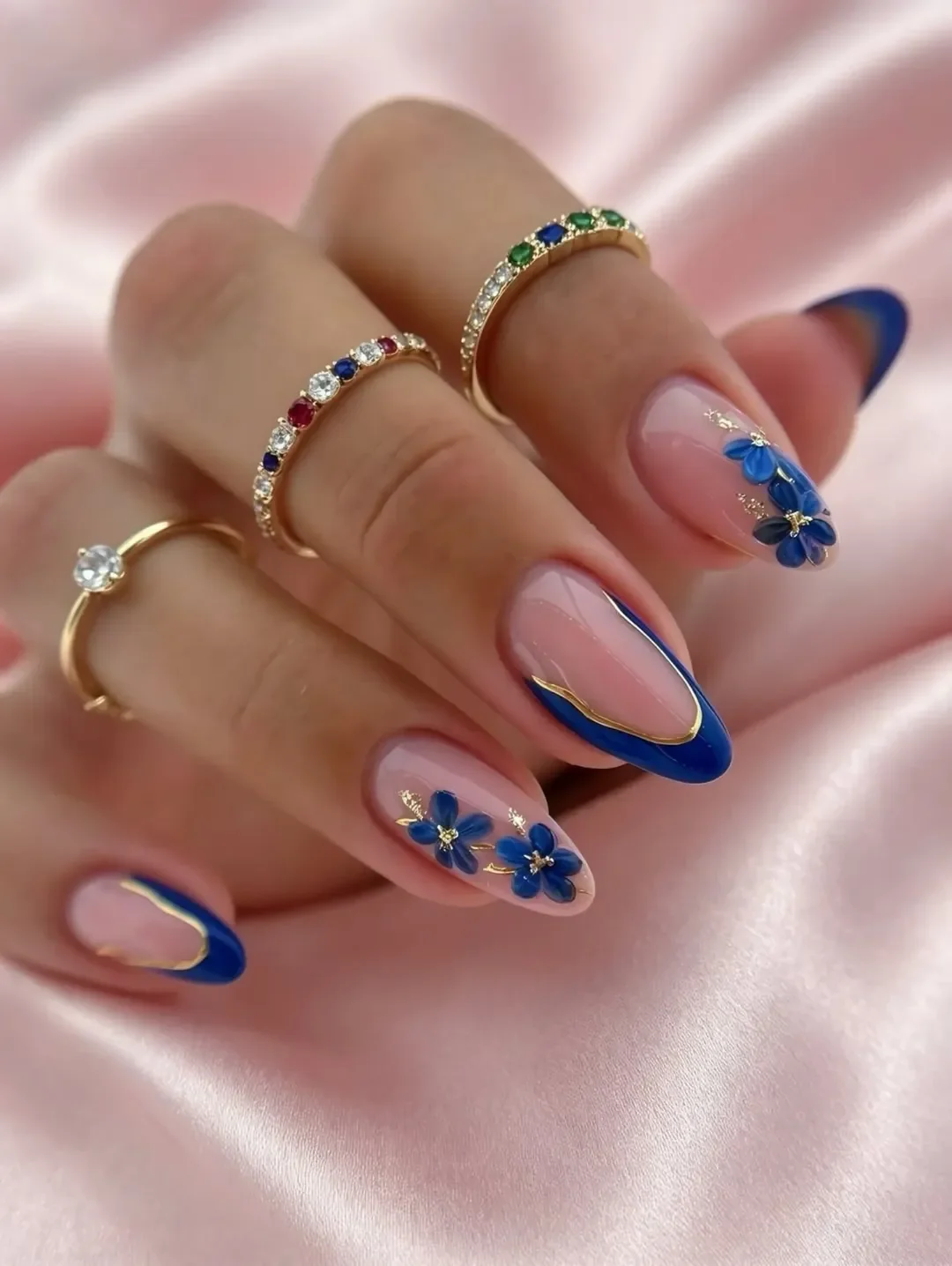 summer gel nails 2026 Royal Blue Floral French Tips