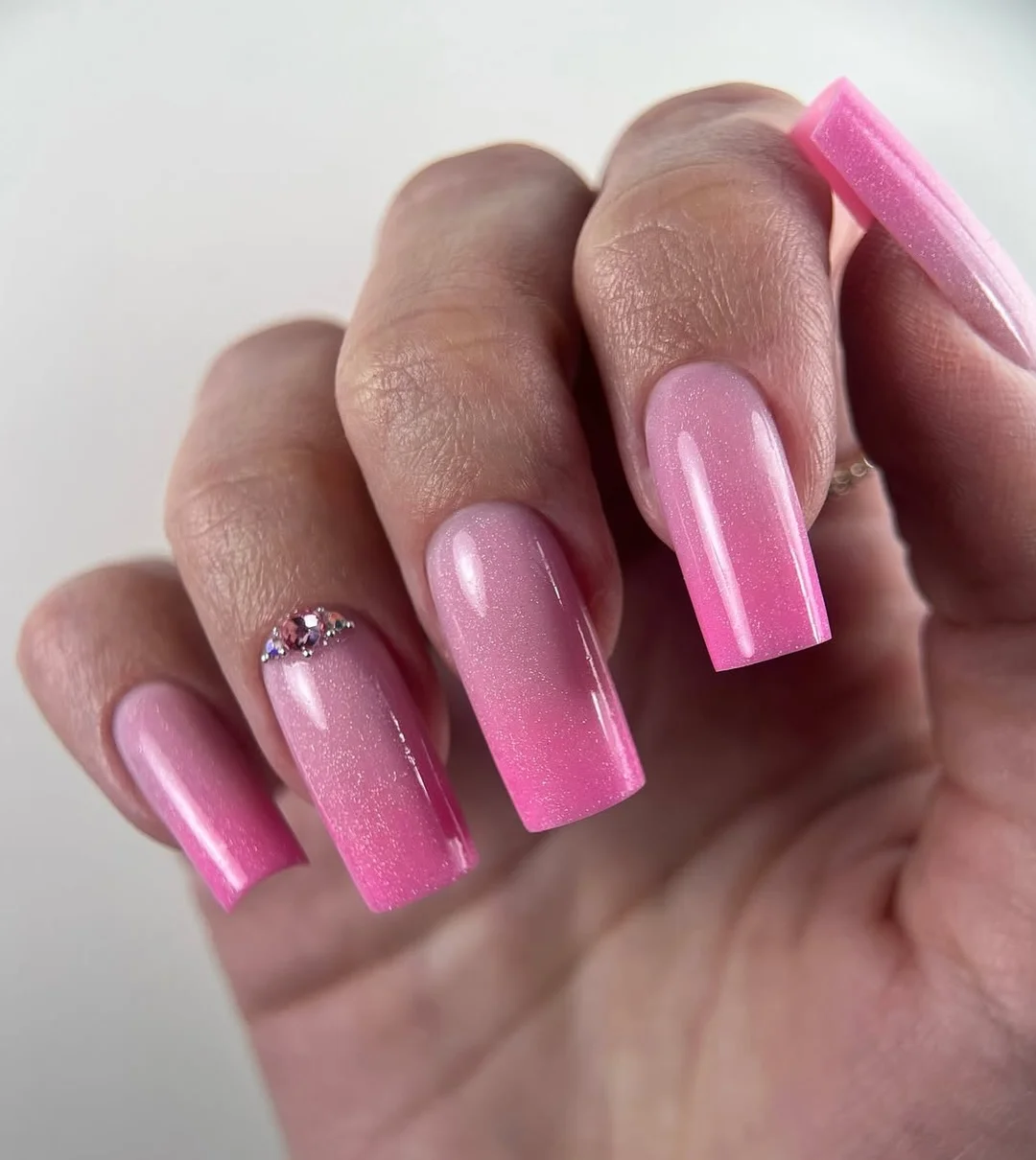 summer gel nails 2026 Glossy Pink Ombre Coffin Nails
