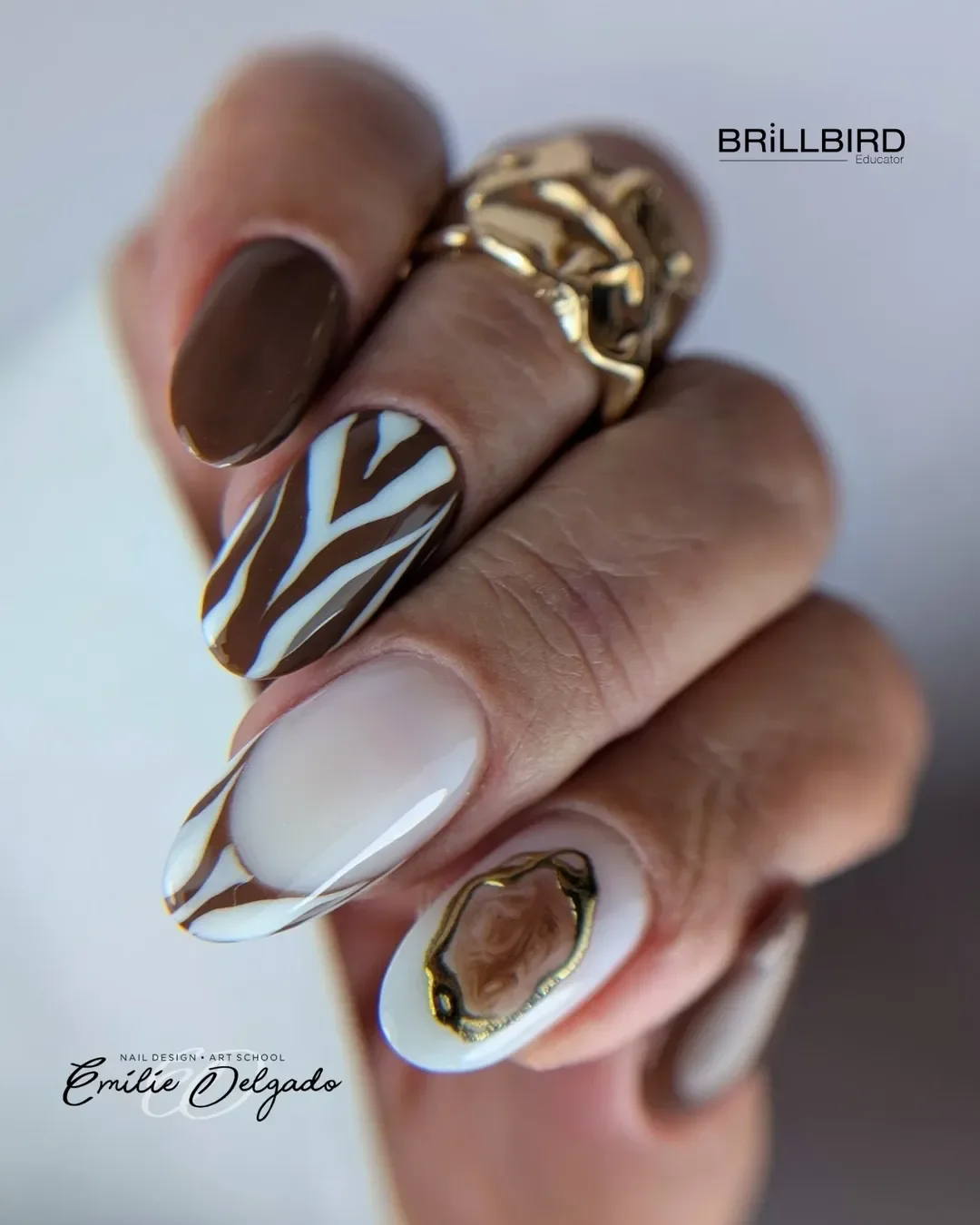 summer gel nails 2026 Chocolate Swirl Nails With Modern Gold Accents