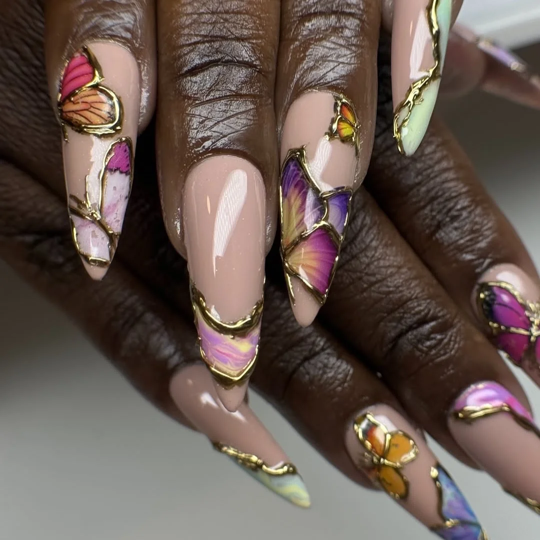 summer gel nails 2026 Butterfly Glass Nails With Gold Framed Details