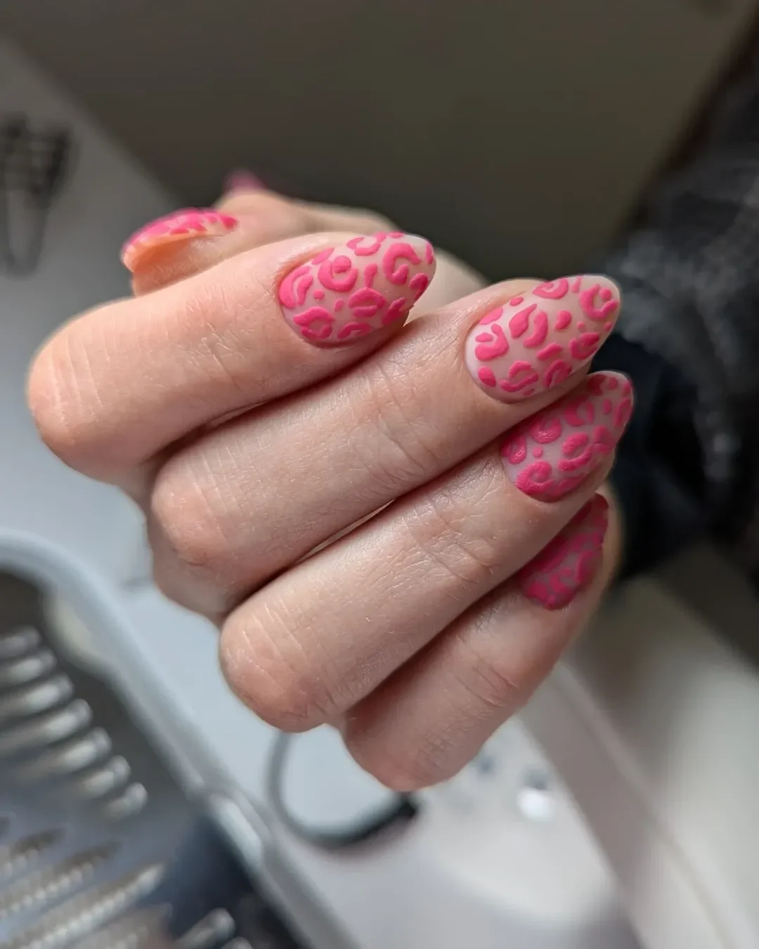 summer manicure color ideas 2026 Hot Pink Matte Leopard Nails With a Bold Texture