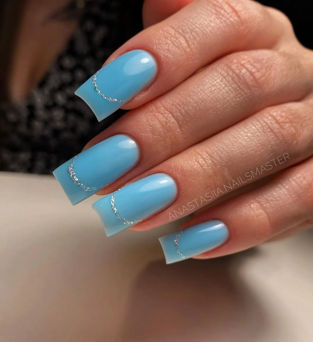 summer manicure color ideas 2026 Baby Blue Nails With Minimal Silver Half-Moons