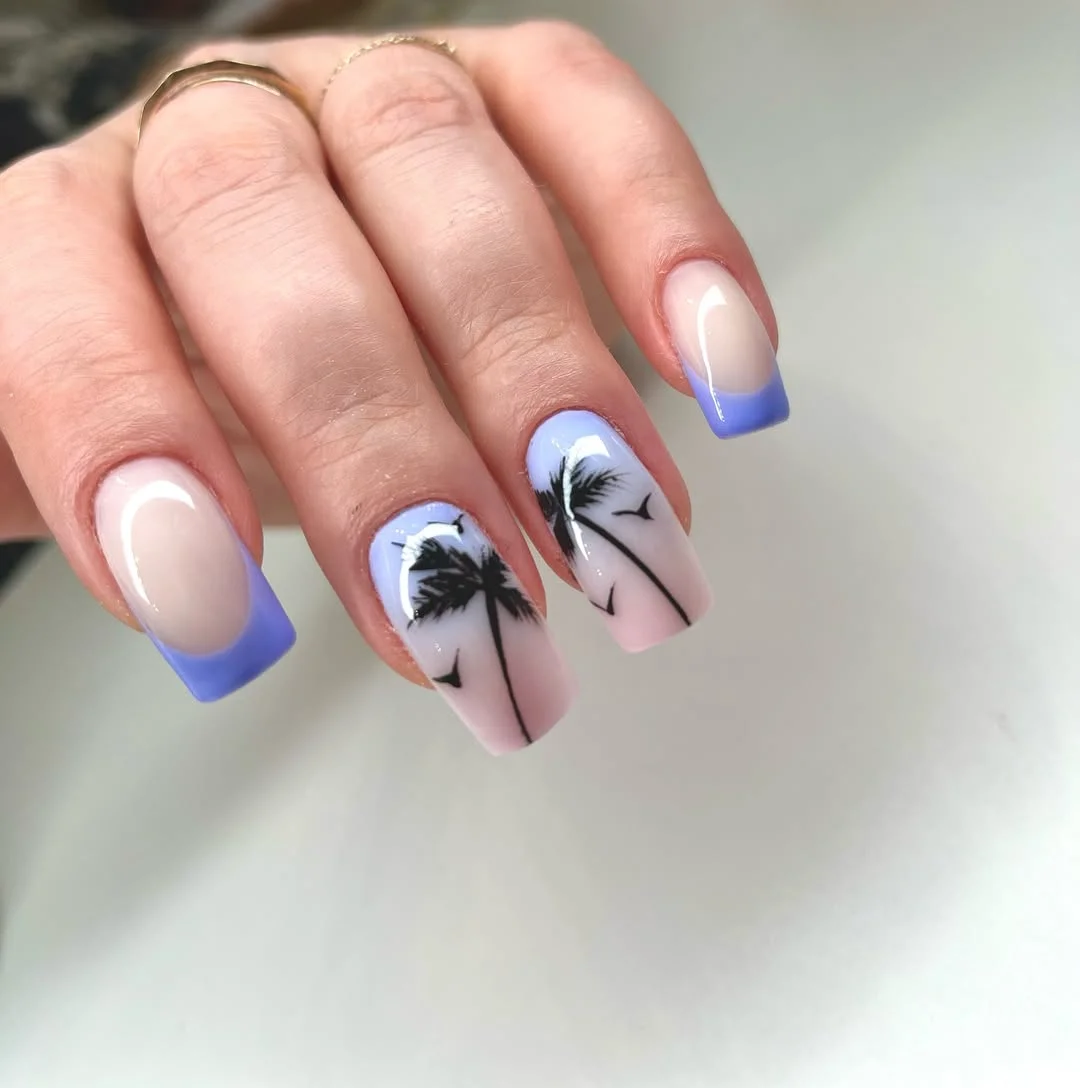 summer manicure color ideas 2026 Lavender Sunset French Tips With Palm Tree Art
