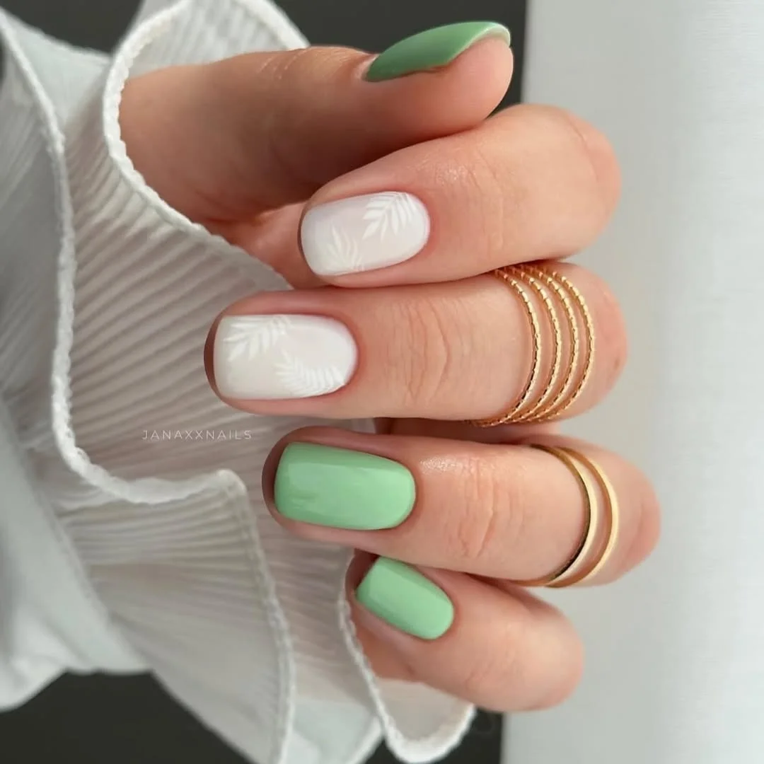 summer manicure color ideas 2026 Fresh Mint and White Nails With Delicate Palm Details
