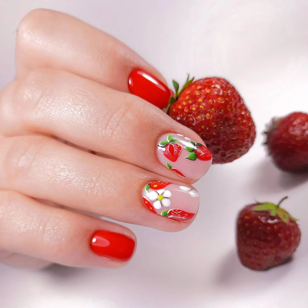 summer manicure color ideas 2026 Glossy Strawberry Red Nails With Tiny Floral Accents