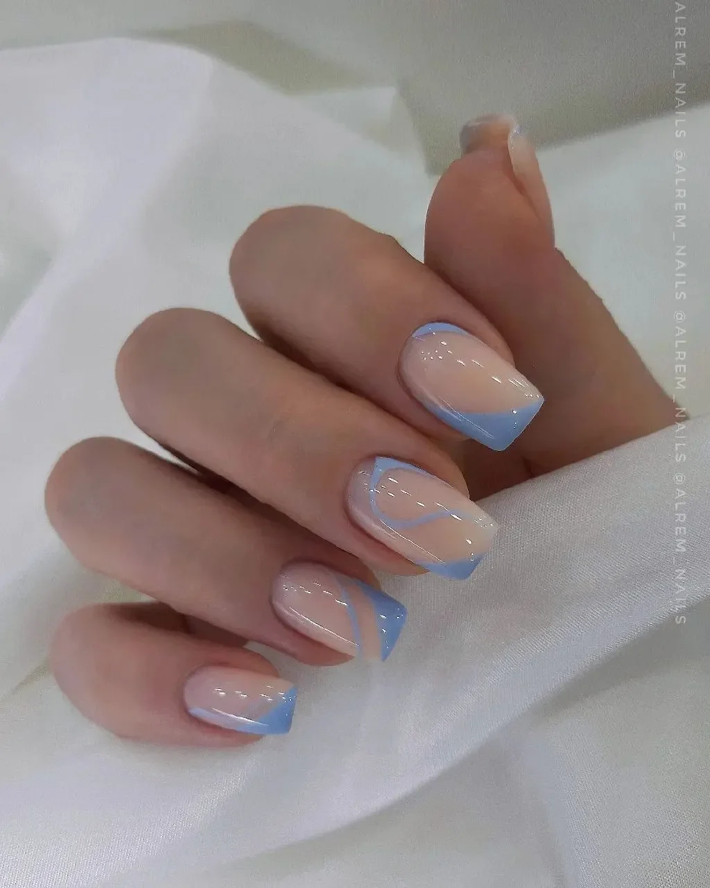 summer manicure color ideas 2026 Baby Blue Graphic French Tips With Modern Lines