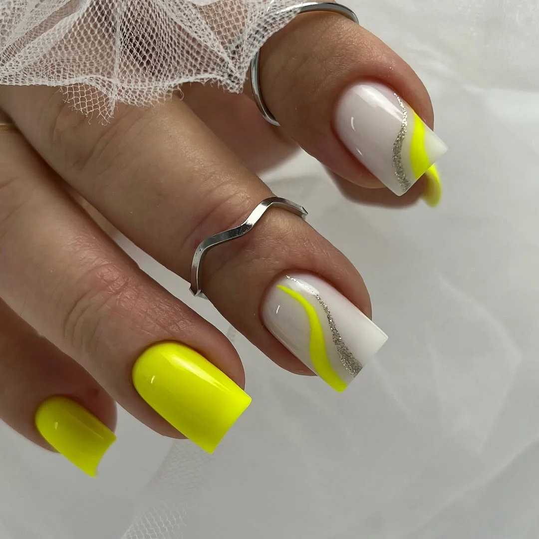 summer manicure color ideas 2026 Neon Yellow Wave Nails That Glow Against Sun-Kissed Skin