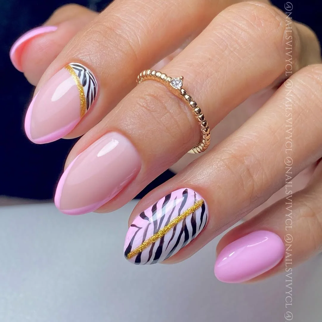 summer manicure color ideas 2026 Soft Pink Zebra Nails With a Luxe Gold Accent