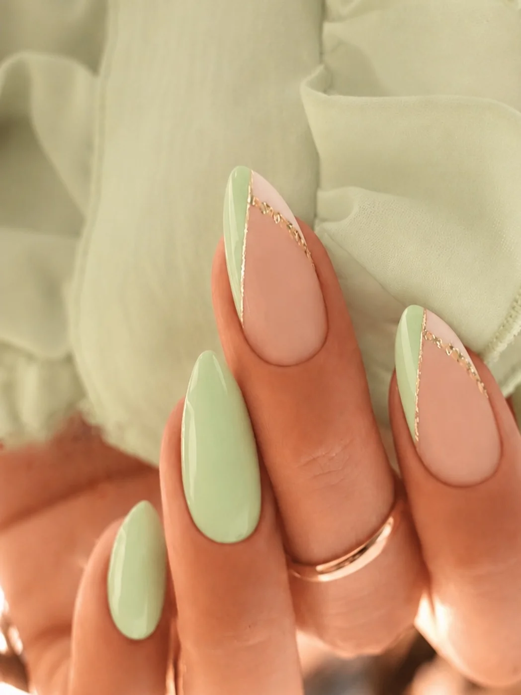 summer manicure color ideas 2026 Mint Green Almond Nails With Delicate Gold Details