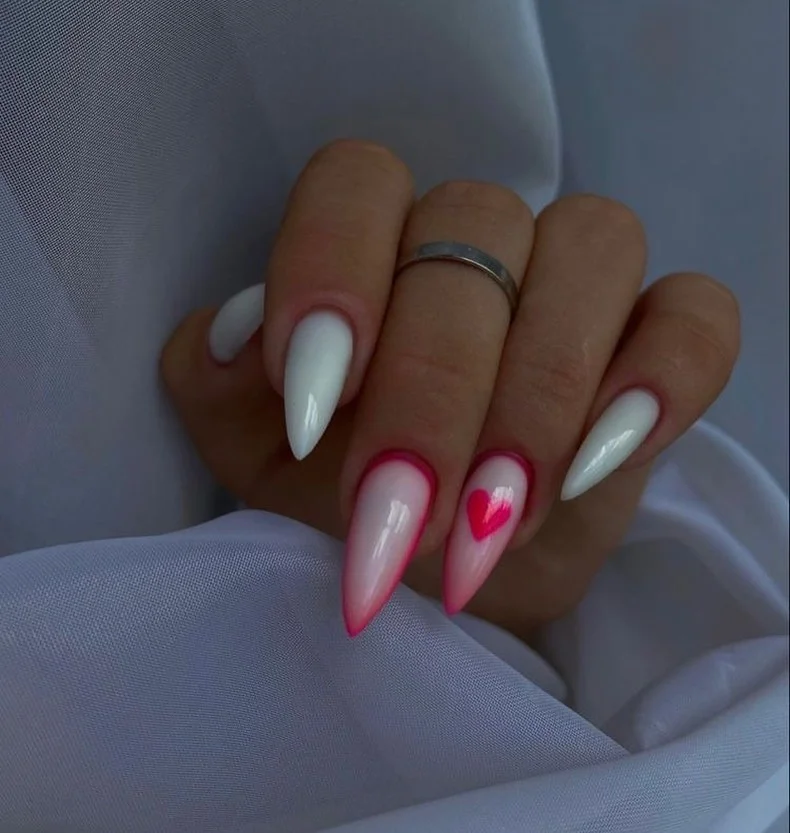 summer nail colors 2026 Pink Aura Heart Nails With Soft Romantic Contrast