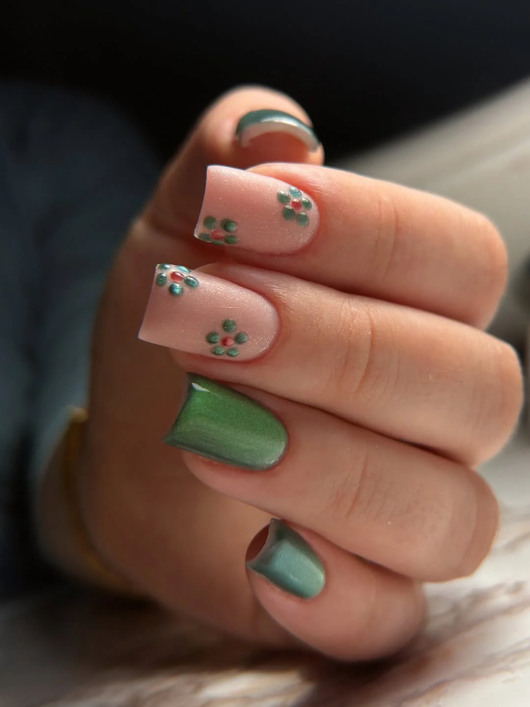 summer nail colors 2026 Muted Sage Floral Nails With Vintage Energy