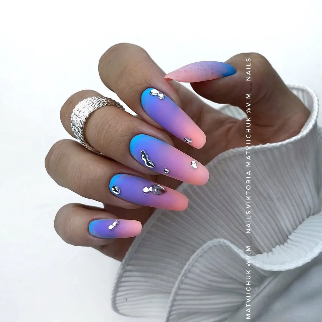 summer nail colors 2026 Blue And Pink Velvet Ombre Nails With Futuristic Glow
