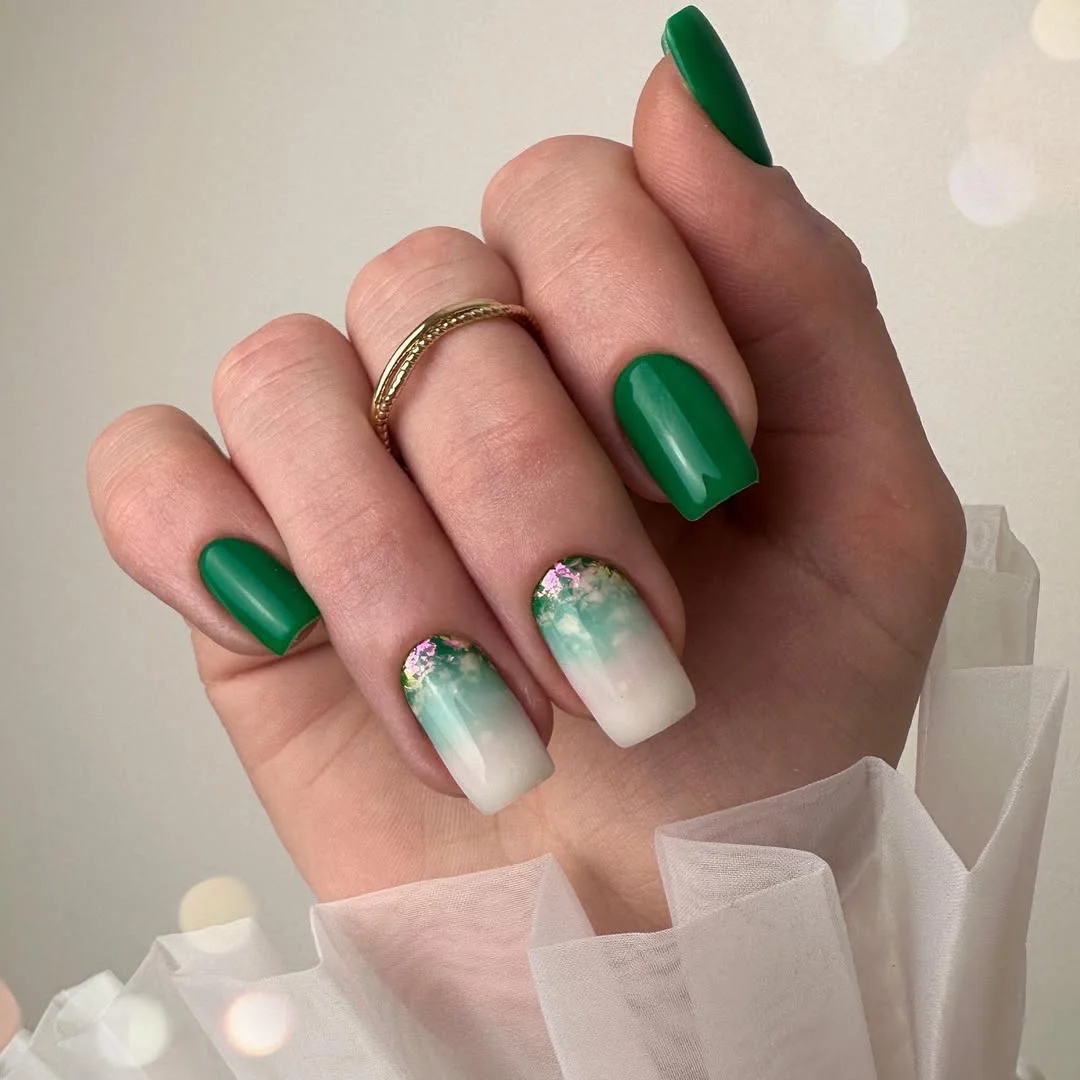 summer nail colors 2026 Emerald Green Ombre Nails With Soft Botanical Details