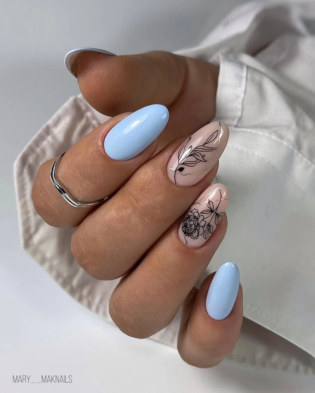 summer nail colors 2026 Powder Blue Floral Line Art Nails