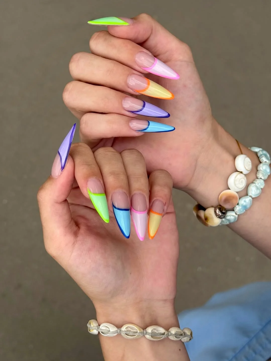 summer nail colors 2026 Rainbow French Stiletto Nails With Y2K Energy