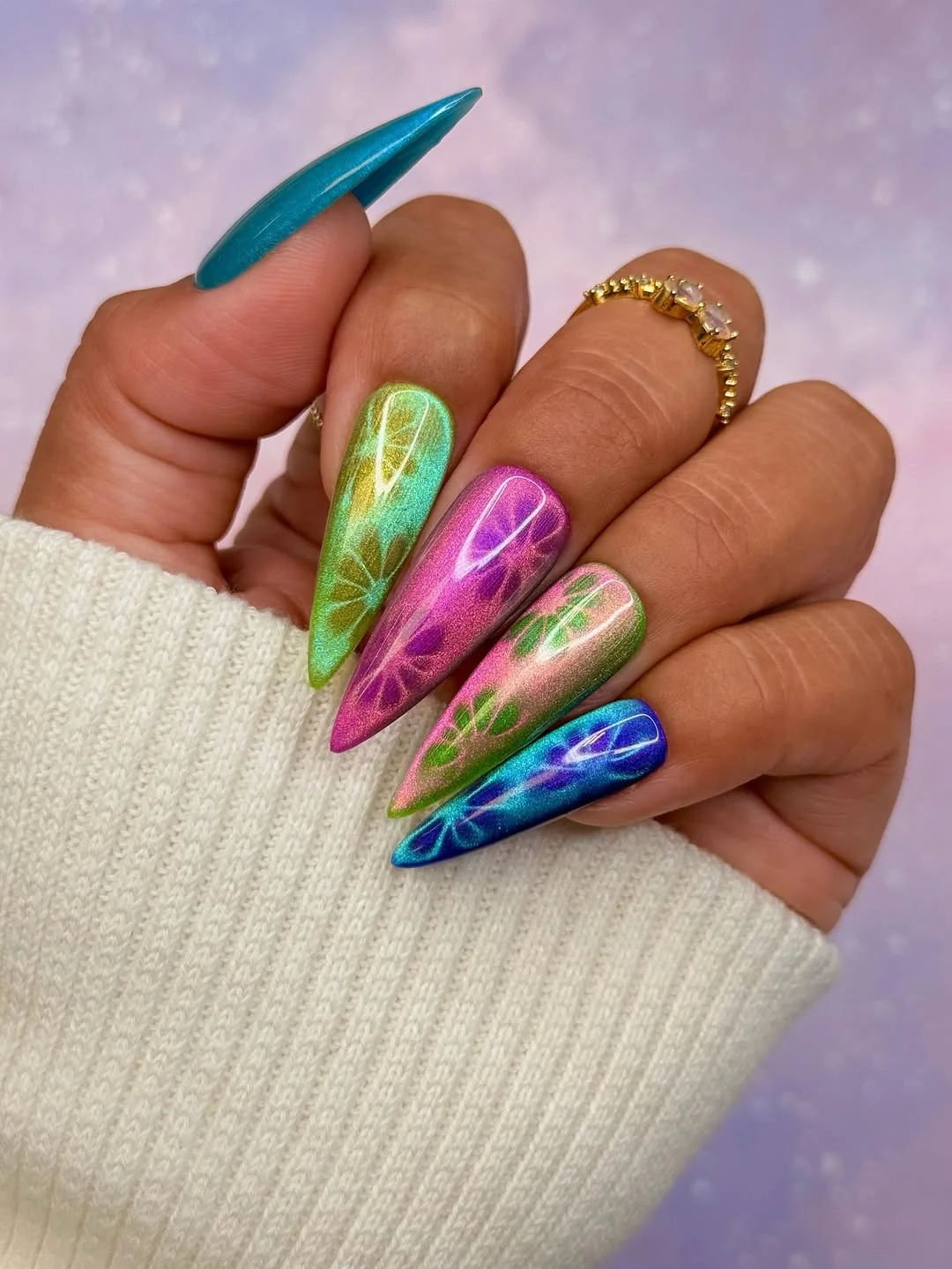 summer nail colors 2026 Chrome Rainbow Stiletto Nails With Mermaid Energy